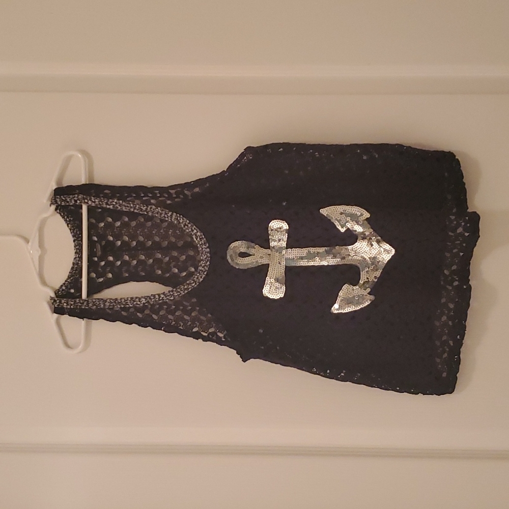 Womens Anchor Lace See Thru Tank Top...Med...Dark Blue/Silver Sequins